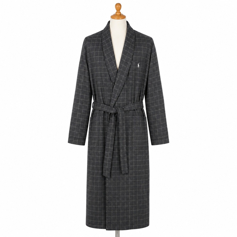 Polo Ralph Lauren Mens S/M Gray Windowpane Check Cotton Belted Robe Loungewear